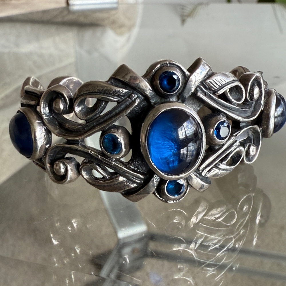 Vintage SK Sterling Silver Cuff Heavy Gothic Scrollwork, Blue Cabochons (Rare)